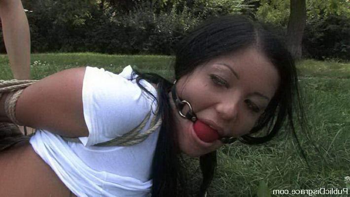 15P Kinky brunette bondaged and fucked hard in public place