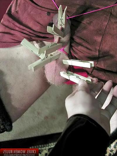 10P Latex queen trains her man pinching his nuts and cock with pins