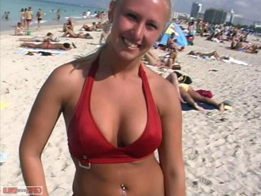 10P Blonde bikini beach babe shows her huge juggs