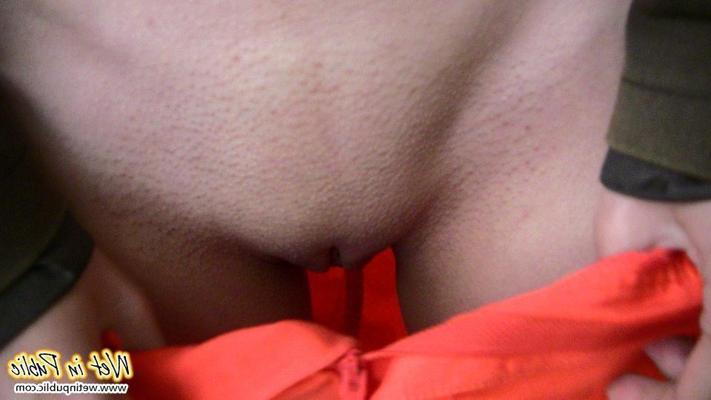 12P Red totally pissed pants of a chickie who wanted to empty her bladder