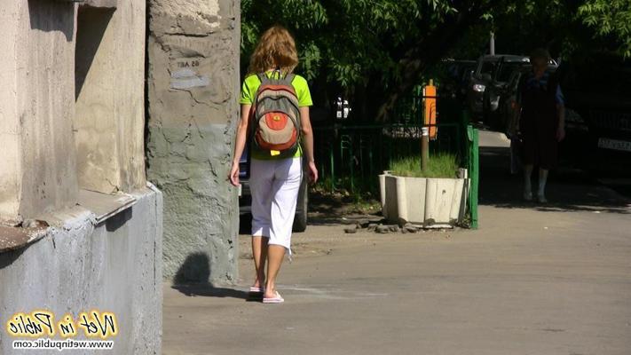 12P Public moistened white breeches of a fair-hair babe who wanted to leak