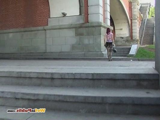 15P Foxy pissed her black fishnet pantyhose and striped mini in the street