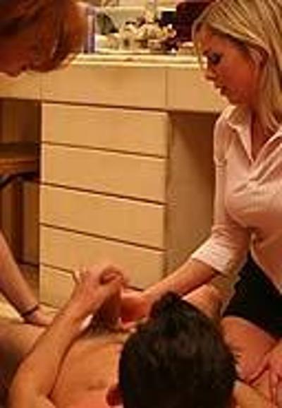 16P Clothed females making a guy jerk off