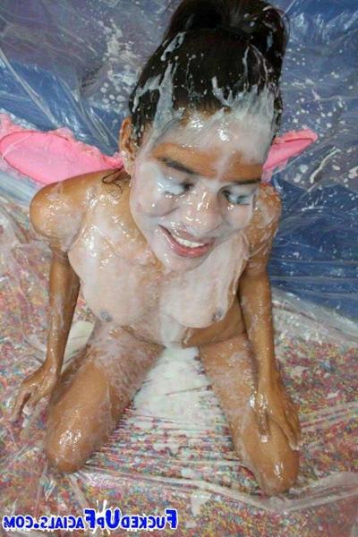 17P Brunette college babe on a massive bukkake orgy getting jizz