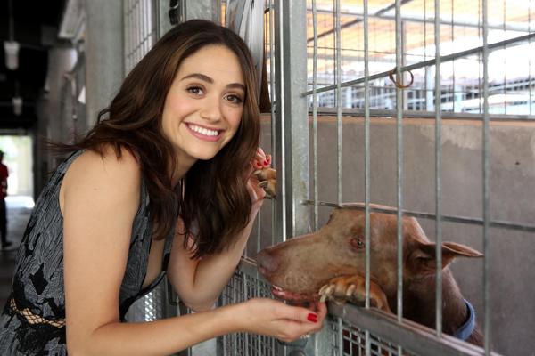 16P Emmy Rossum braless showing big cleavage in LA