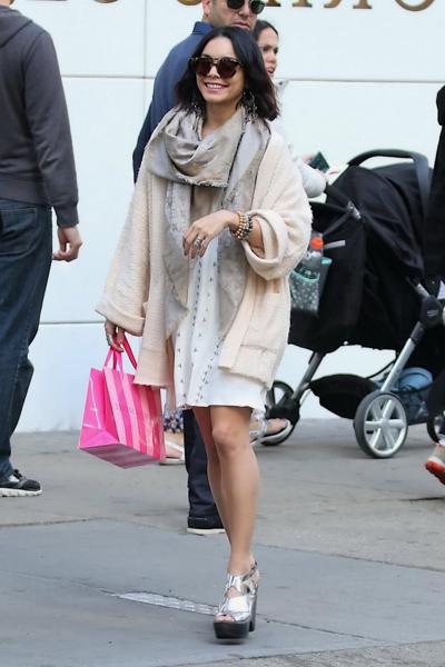 16P Vanessa Hudgens braless showing big cleavage in white mini dress out in NYC