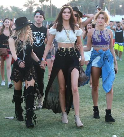 16P Kendall Jenner busty in a seethrough belly top and high slit skirt at Coachella 