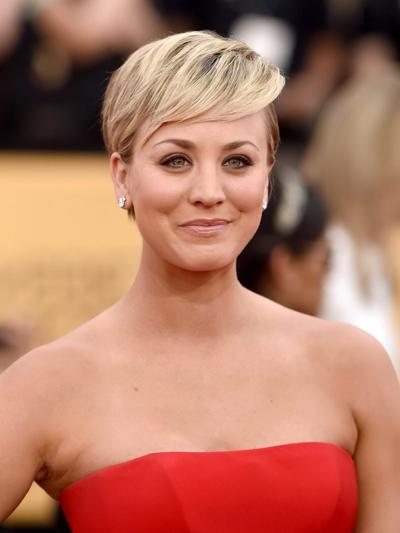 16P Kaley Cuoco busty wearing a strapless red dress at 21st Annual Screen Actors Gui