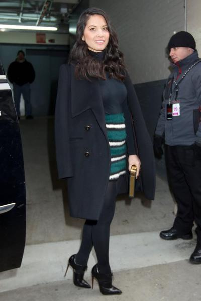 16P Olivia Munn seethru to bra and leggy in mini skirt and pantyhose at AOLs BUILD S