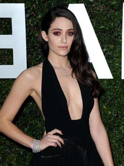 10P Emmy Rossum braless showing cleavage at Michael Kors launch of Claiborne Swanson
