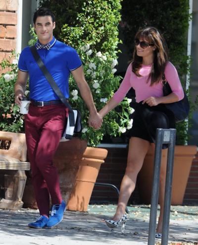 10P Lea Michele busty and leggy in a tight pink top and shorts on the set of Glee in