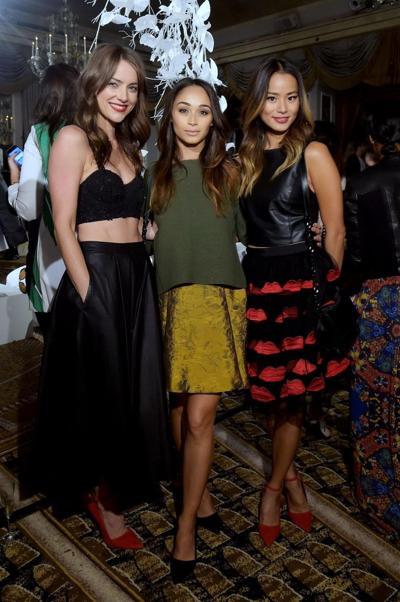 16P Jessica Stroup hot tongue action in tiny black belly top and skirt at the fashio