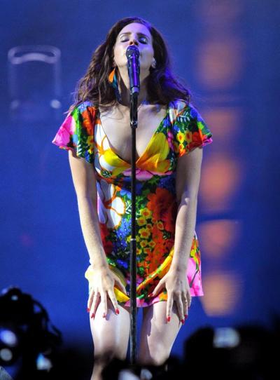 16P Lana Del Rey bra peek  upskirt while performing in summer mini dress at the 2014
