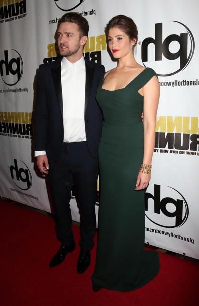 16P Gemma Arterton showing big cleavage in a green bareback maxi dress at the Runner