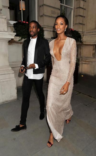 16P Jourdan Dunn braless wearing low cut and high slit partially see-through dress a