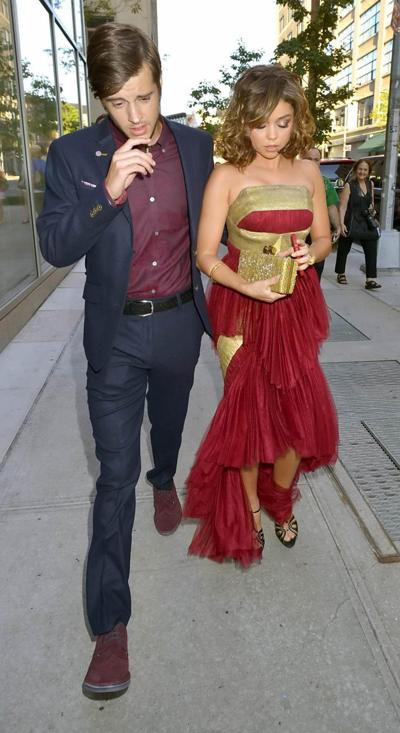 16P Sarah Hyland wearing red hot strapless dress at 2013 MTV Video Music Awards in N