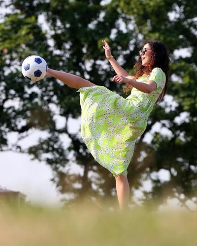 16P Eliza Doolittle upskirt wearing wide open green floral dress at the park in Lond