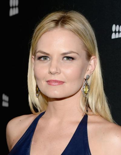 16P Jennifer Morrison braless wearing black leather mini dress at the Myspace Launch
