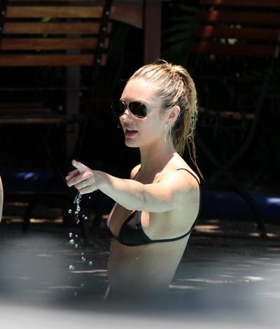 6P Candice Swanepoel in sexy black bikini petting with her boyfriend at the pool in