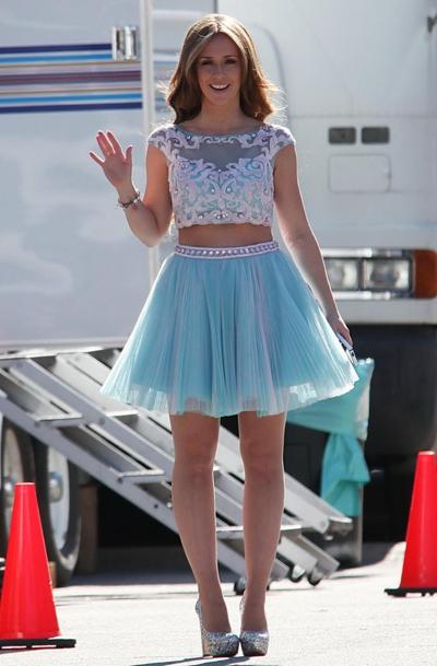 10P Jennifer Love Hewitt busty  leggy in see-through top and mini skirt while filmin