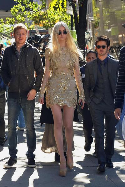 8P Taylor Momsen leggy wearing a golden see-through mini dress on the set of Gossip