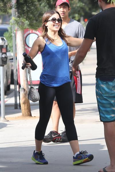 10P Sophia Bush downblouse wearing skimpy top and tights while playing with her dog