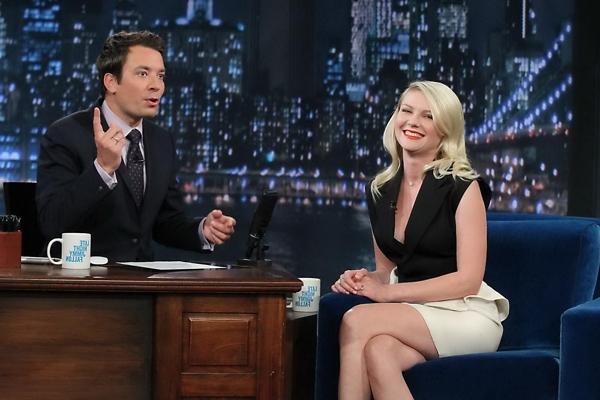 10P Kirsten Dunst upskirt and showing big cleavage at Late Night with Jimmy Fallon