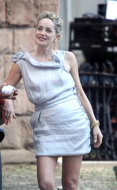 16P Sharon Stone flashing her panties on the 'Gods Behaving Badly' set in NYC