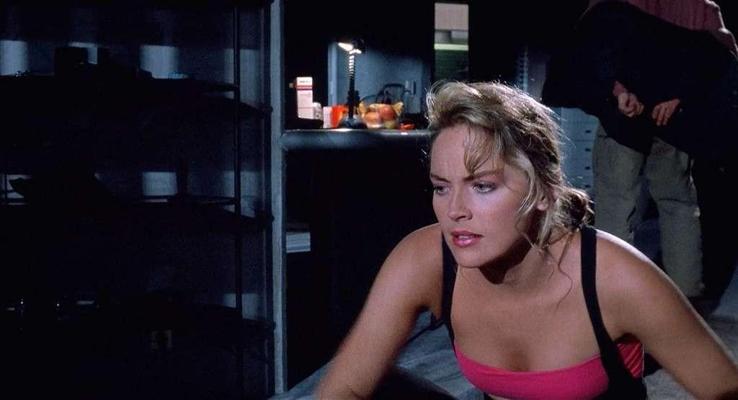 10P Sharon Stone get her tits slip out from nightgown and downblouse in movie