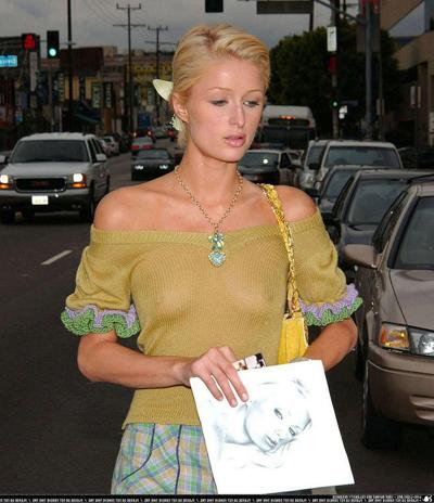 10P Paris Hilton very leggy in black mini skirt and exposing her tits in see thru to