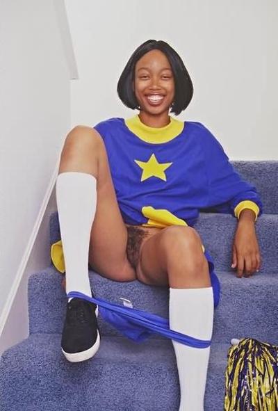 15P Under teen ebony cheer blue dress upskirt