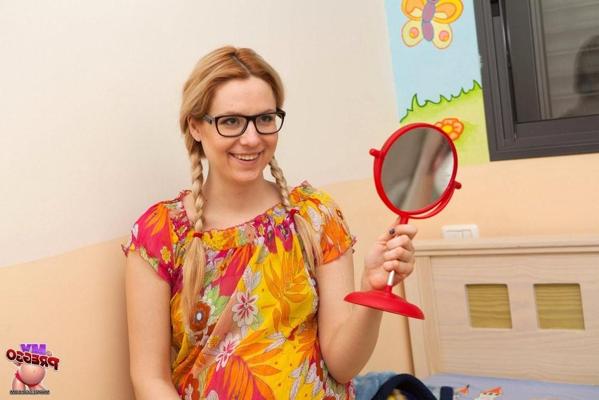 15P Geek girl in glasses knocked up with big swollen teen preggo belly