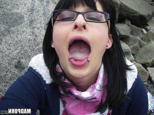 15P Real emo girlfriend in glasses sucks cock and swallows hot cum