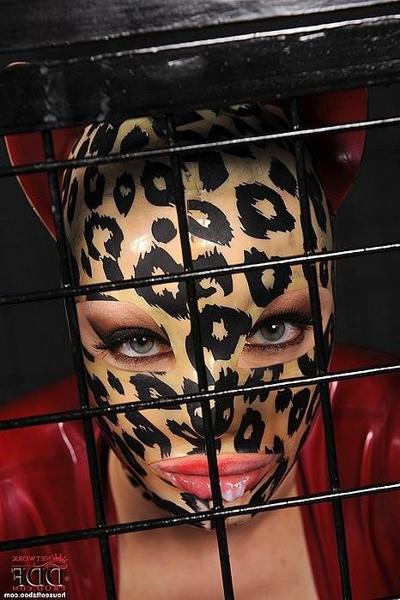 16P Latex Lucy cagged cat girl in kinky red is fucked