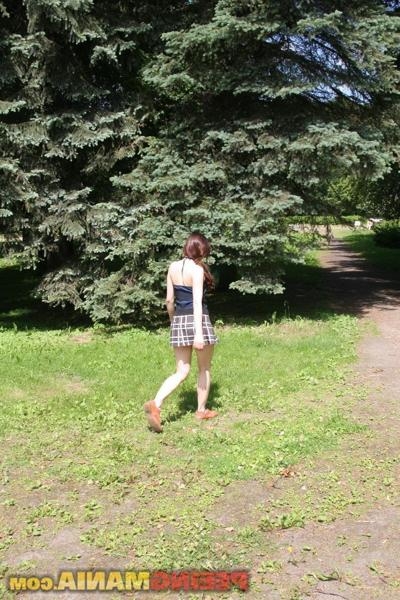 15P Glassed cutie wets her azure sexy knickers and the bench in the park