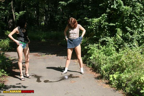 14P Girls with differently colored hairs pee on the street inside garden