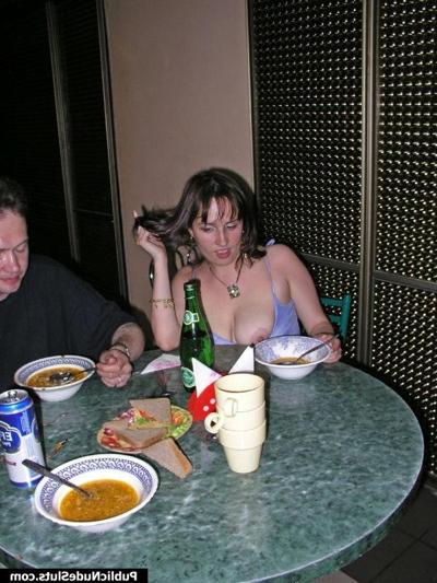 15P Yummy sexpot shocking the cafe visitors with her nude boobs and butt