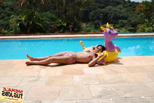 11P Sexy shemale playing with her cock poolside!