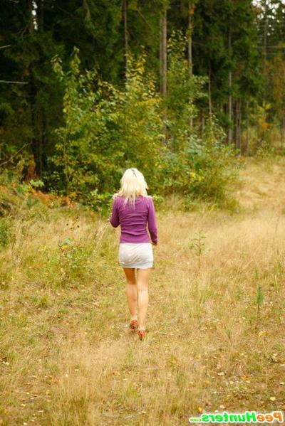 16P Blonde with tattooed legs pees near forest edge
