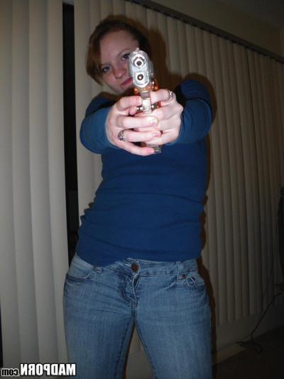14P Redhead amateur sucks her BF's gun outside, then plays with a real one.