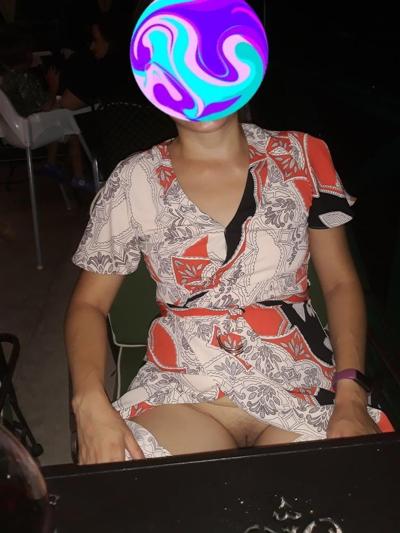 9P flashing shaven pussy in restaurant, bar and car