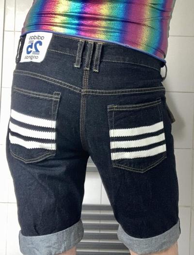 6P Adidas denim shorts hiding sexy vinyl swim jammers
